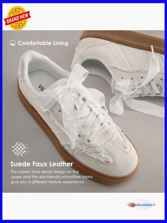 Women Lace Detail Fashion Sneakers with Retro Gum Sole Women\'s Casual Walking Shoes